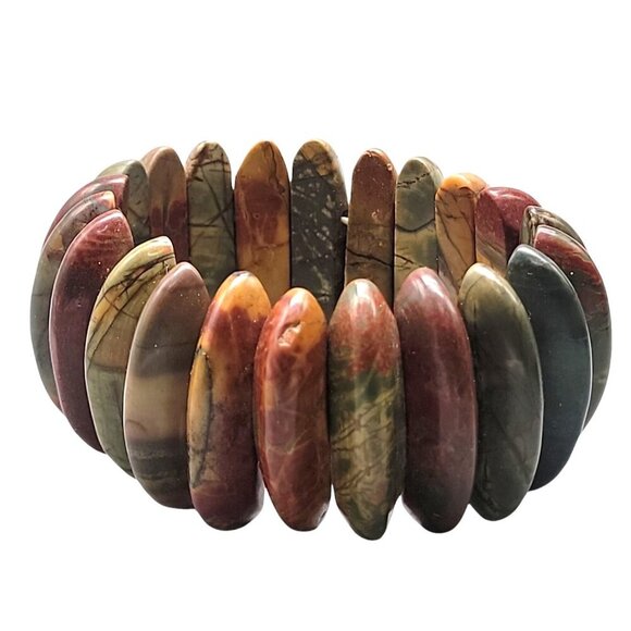 Natural Jasper Stretch Bracelet Multicolor Half Moon Wedges Green Red Orange 8" - Picture 15 of 15